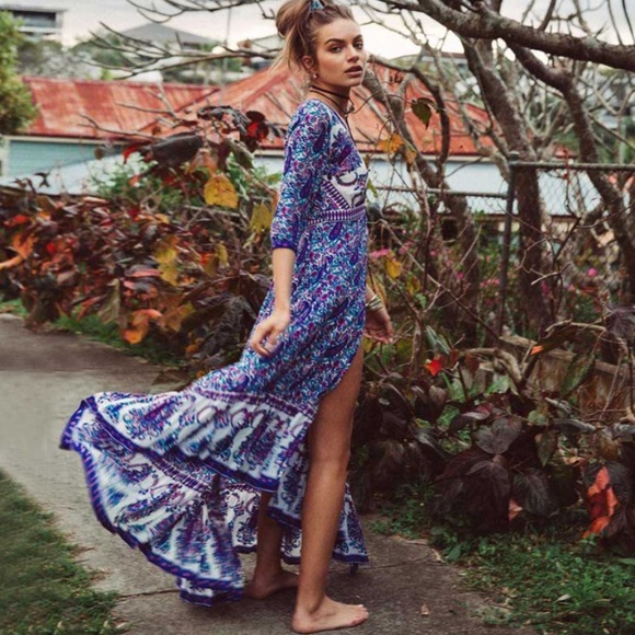 boho floral print 3/4 sleeve wrap maxi dress purpl - Picture 1 of 8